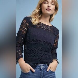 Deletta Navy Crochet Lace Long-Sleeve Blouse
